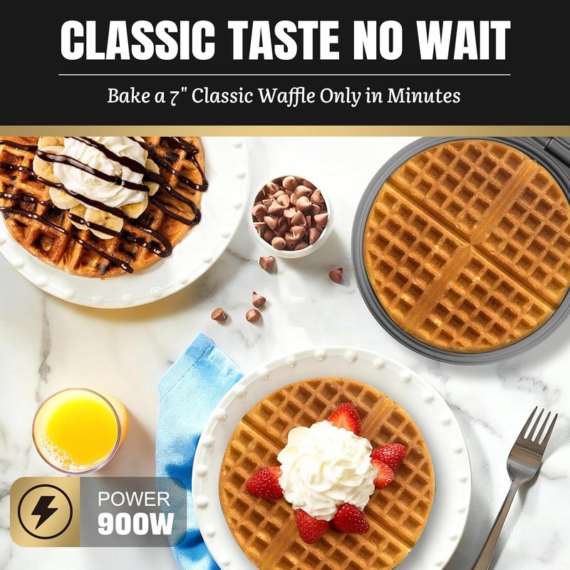 FineMade 7 Inches Classic Waffle Maker Machine, Round Waffle Iron, Electric Waffle Maker with Non-stick Cooking Plates, Silver - Image 2